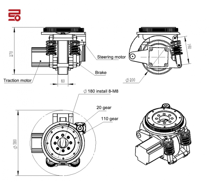 AGV серии B27B амортизируя руль управлением мотора DC колеса привода точный с тормозом кодировщика