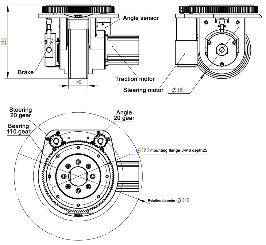 колесо привода 1000kg AGV 230mm управляя для колес привода тележки снабжения